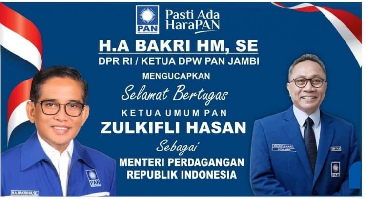 Poster Ucapan Ketua DPW PAN Provinsi Jambi H Bakri Kepada Ketum PAN Zulhas atas Dilantiknya sebagai Menteri Perdagangan