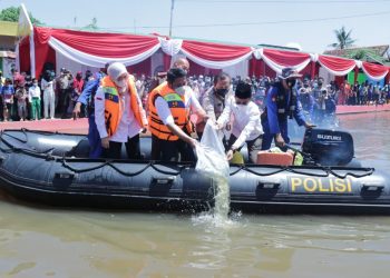 Penebaran benih ikan oleh pada acaraPeresmian Kampung Tangguh Nusantara Musi Palembang (Ist)